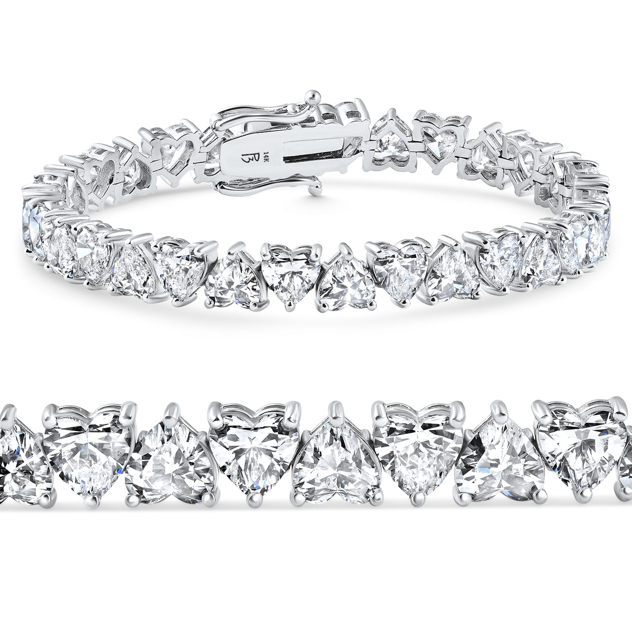 10 - 23Ct Heart Shape Diamond Tennis Bracelet 14k Gold 7" Lab Grown (F-G, VS)
