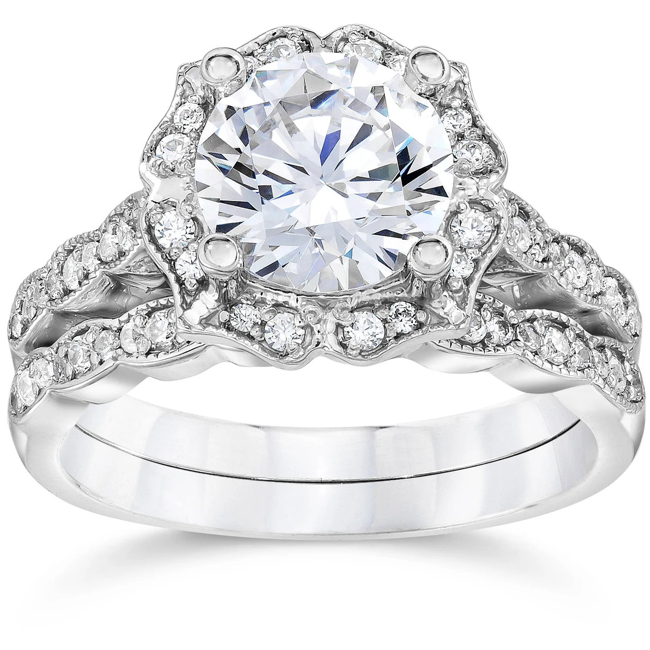 2Ct Diamond Halo Engagement Ring 14K White Gold Wedding Ring Set Lab Grown (G-H, VS2-SI1)