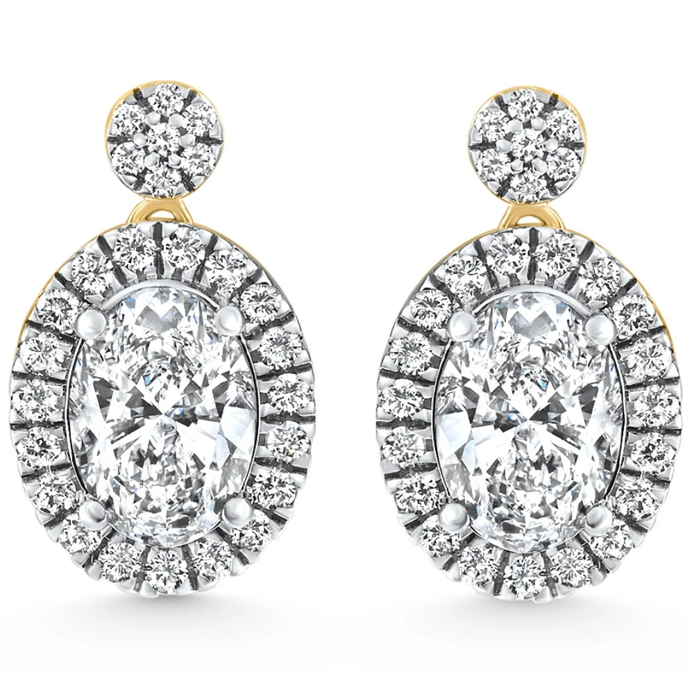 3 1/2Ct Oval Halo Dangle Diamond Earrings Yellow Gold Studs Lab Grown (F-G, VS)