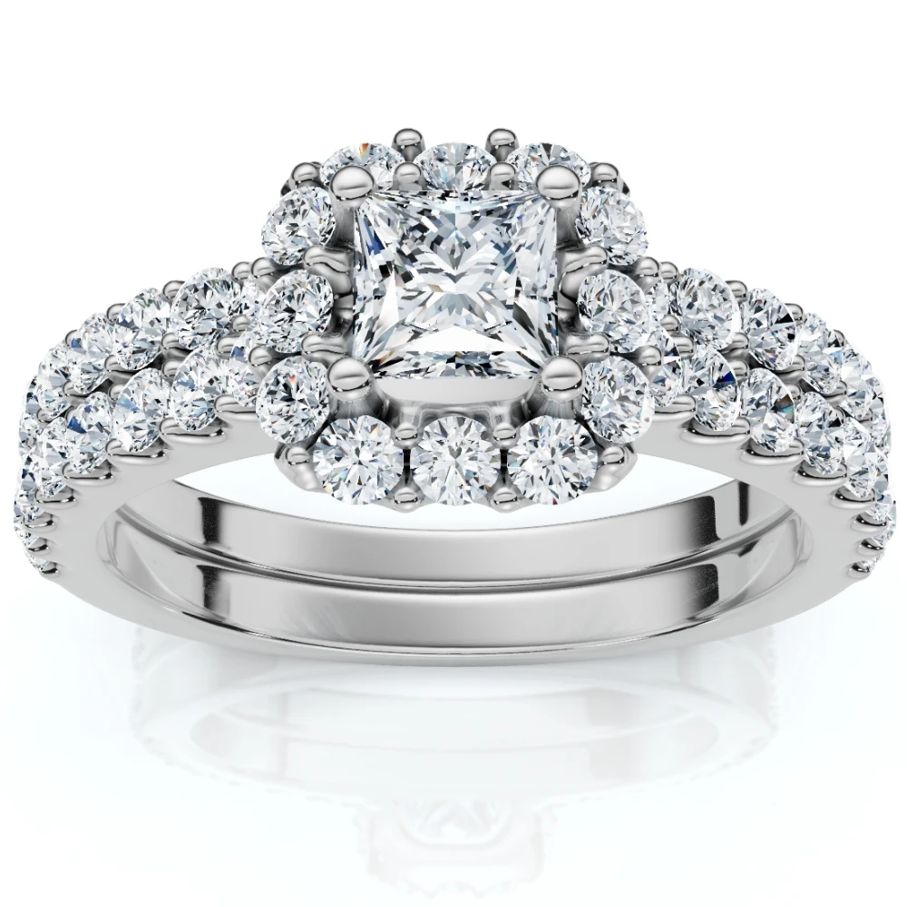 1.50Ct Princess Cut Halo Diamond Engagement Wedding Ring Set 14k Gold Lab Grown (F-G, VS)