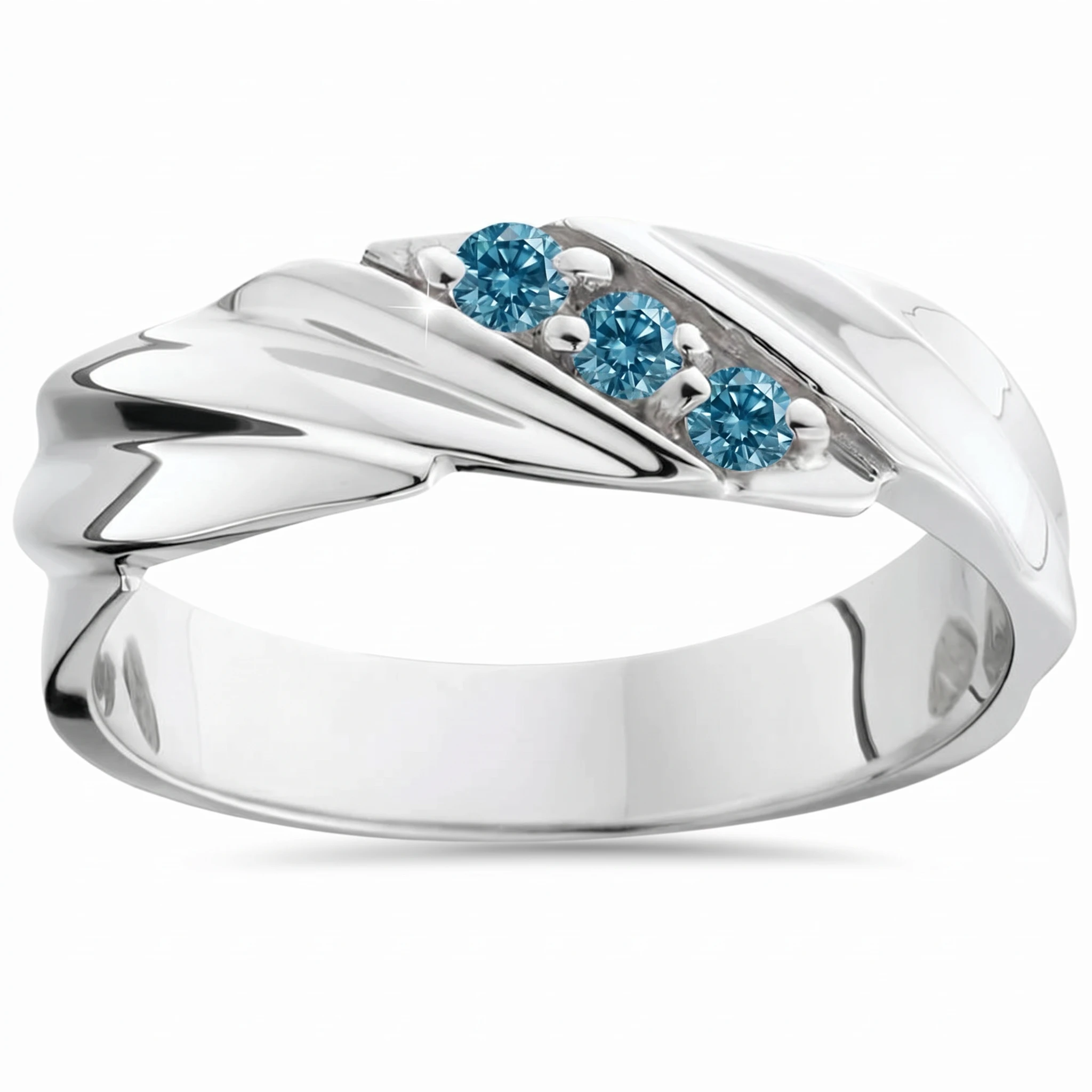 1/10ct Treated Blue Diamond Mens Three Stone Wedding Ring 14K White Gold (Blue, I1)