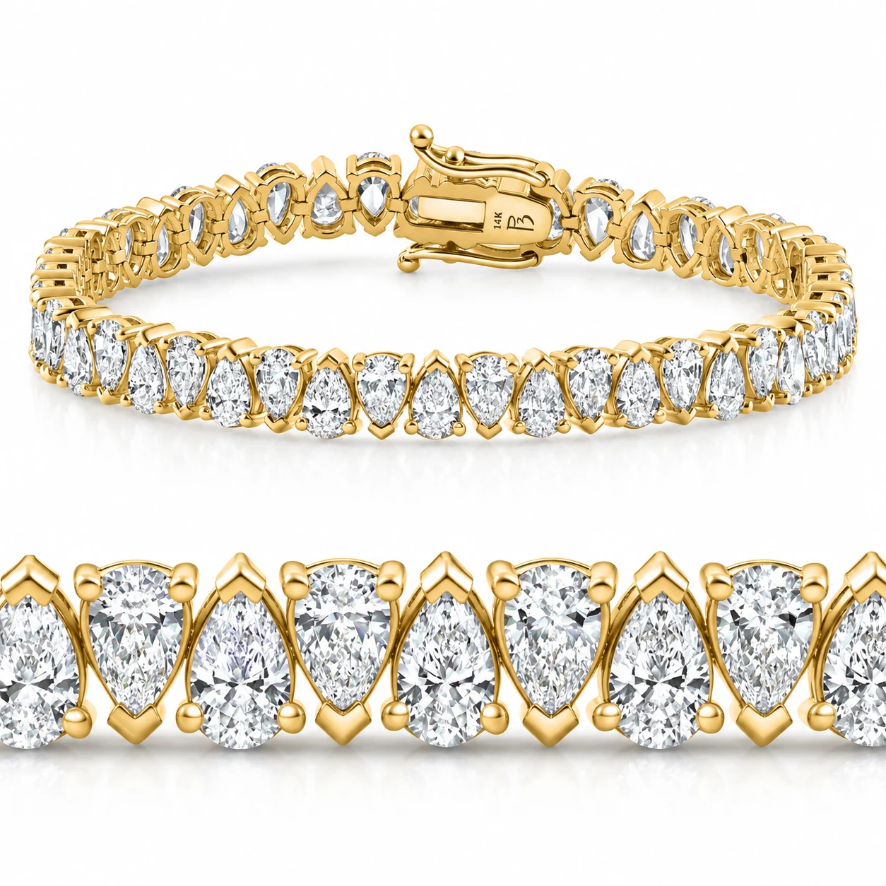 10Ct Pear Shape Diamond Tennis Bracelet Wide 14k Yellow Gold Lab Grown (F-G, VS)