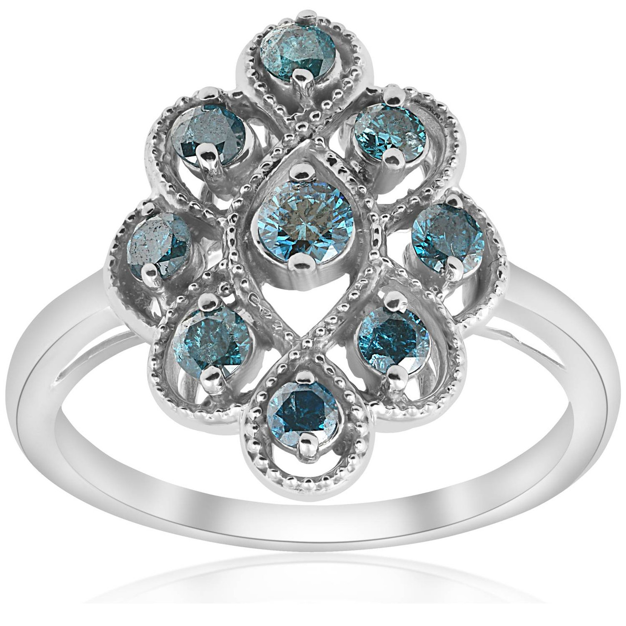 5/8ct Vintage Blue Diamond Ring 14K White Gold (Blue, I2-I3)