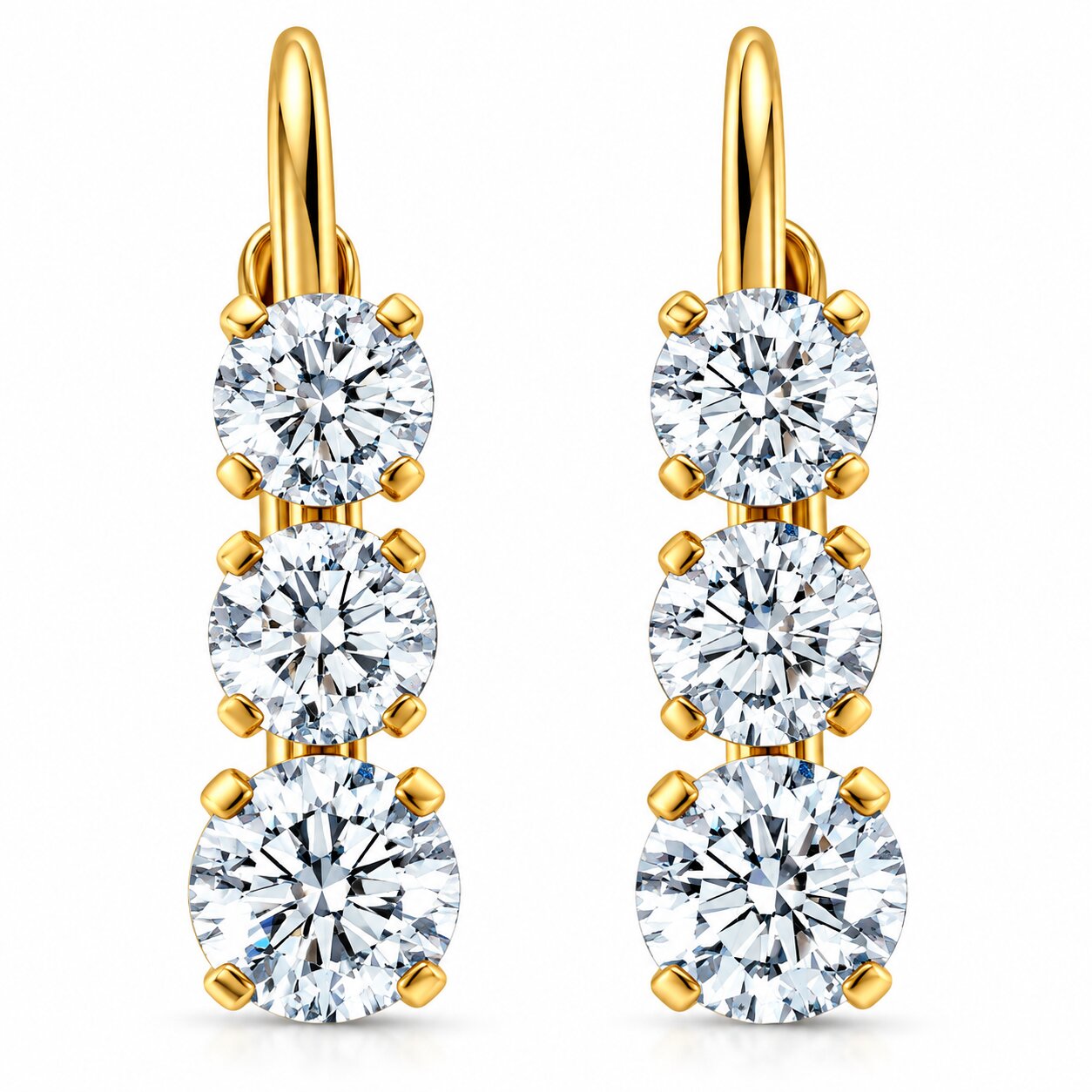 1 1/2Ct 3-Stone Diamond Leverback Hoops Women's Earrings 14k Gold 1/2" Tall Lab (E-F, VS)