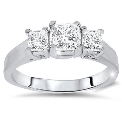1ct Three Stone Princess Cut Diamond Engagement Ring 14K White Gold (H-I, I1)