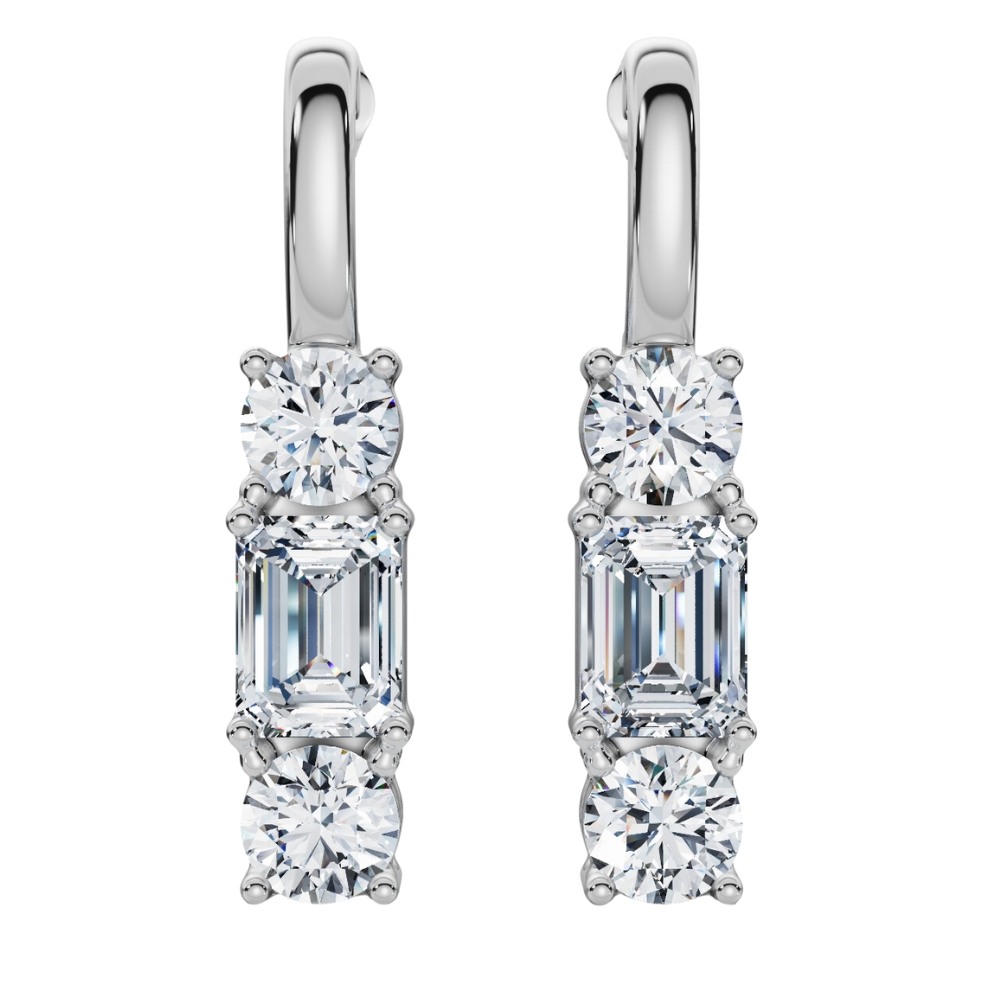 6Ct Emerald & Round Cut Diamond Earrings 14k Gold Lab Grown 1 1/3"  Tall (F-G, VS)
