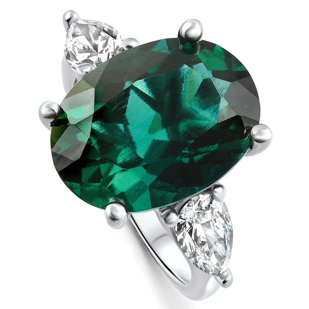 16x12mm Emerald & 1Ct Pear Shape Diamond Ring 14k Gold Lab Grown (F-G, VS)