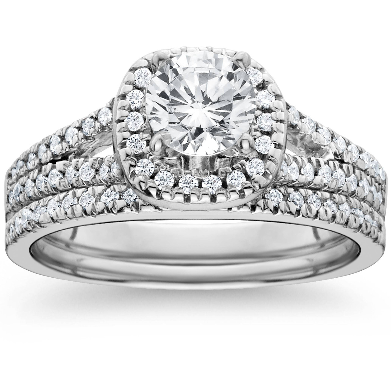 1ct Halo Diamond Engagement Ring Set Split Shank Bridal Wedding 14K White Gold (G-H, I1)