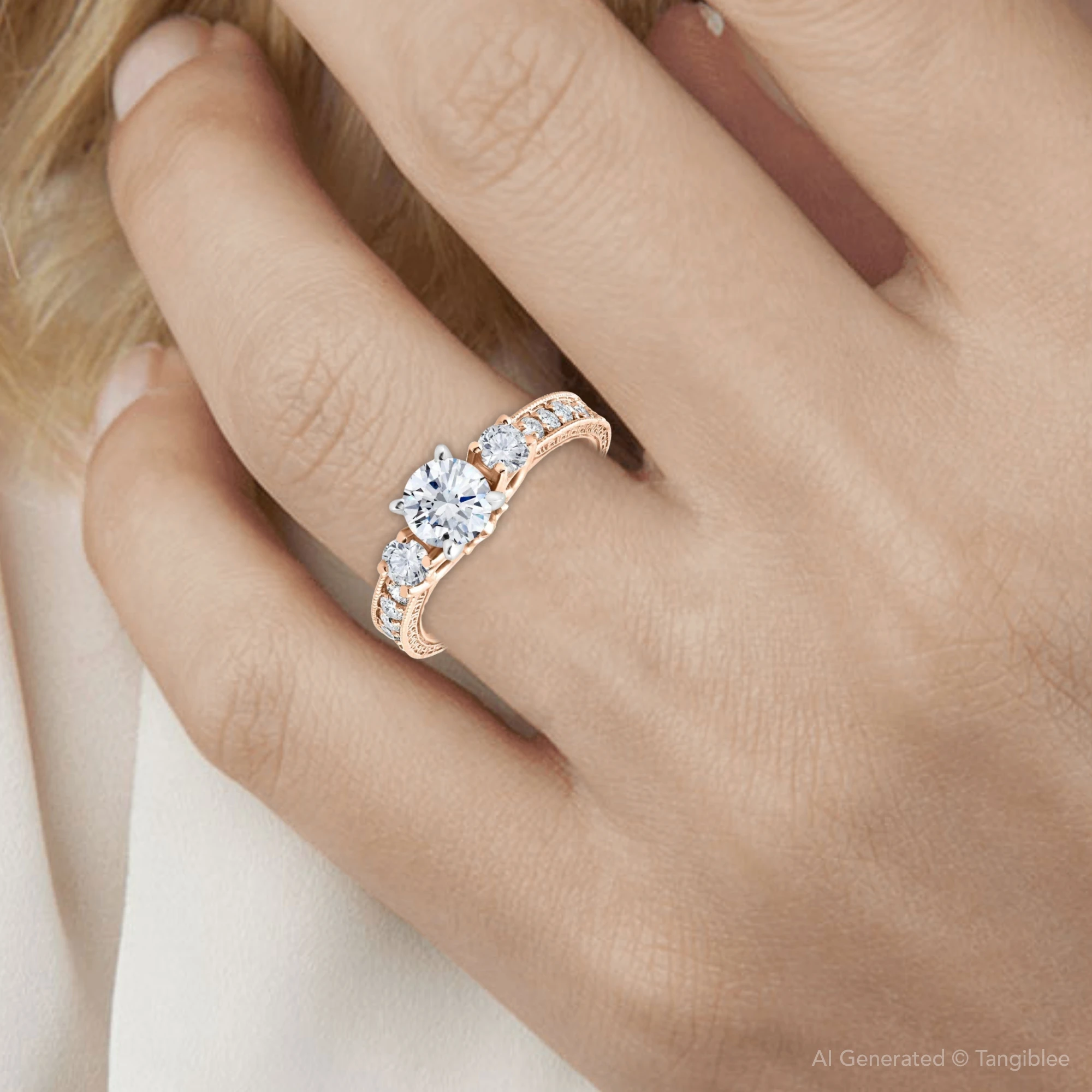1ct Vintage Diamond 3 stone Engagememt Ring 14K Rose Gold (G-H, I1)