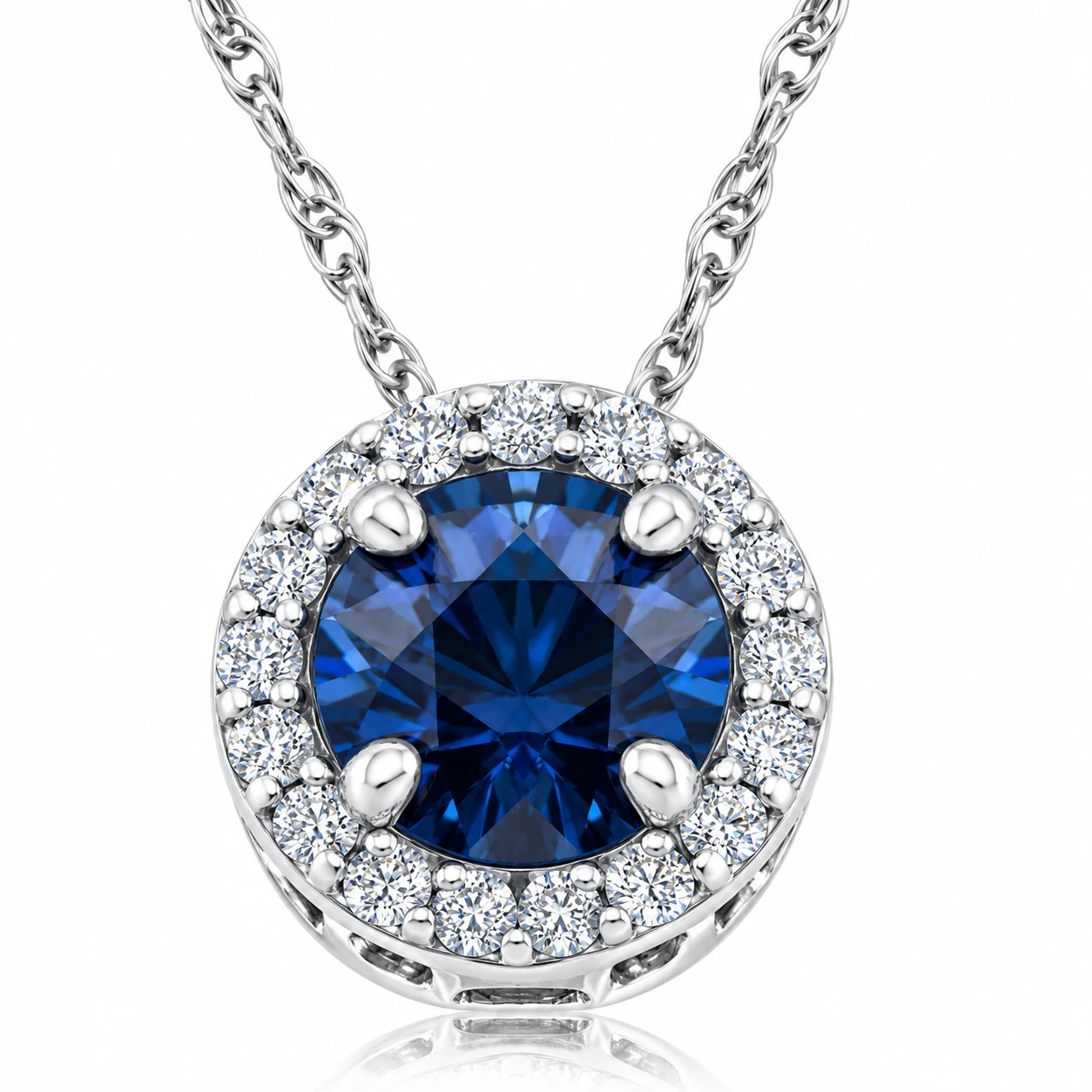 1/2ct Blue Sapphire & Diamond Halo Pendant White Gold & 18" Necklace Lab Grown (F-G, VS)