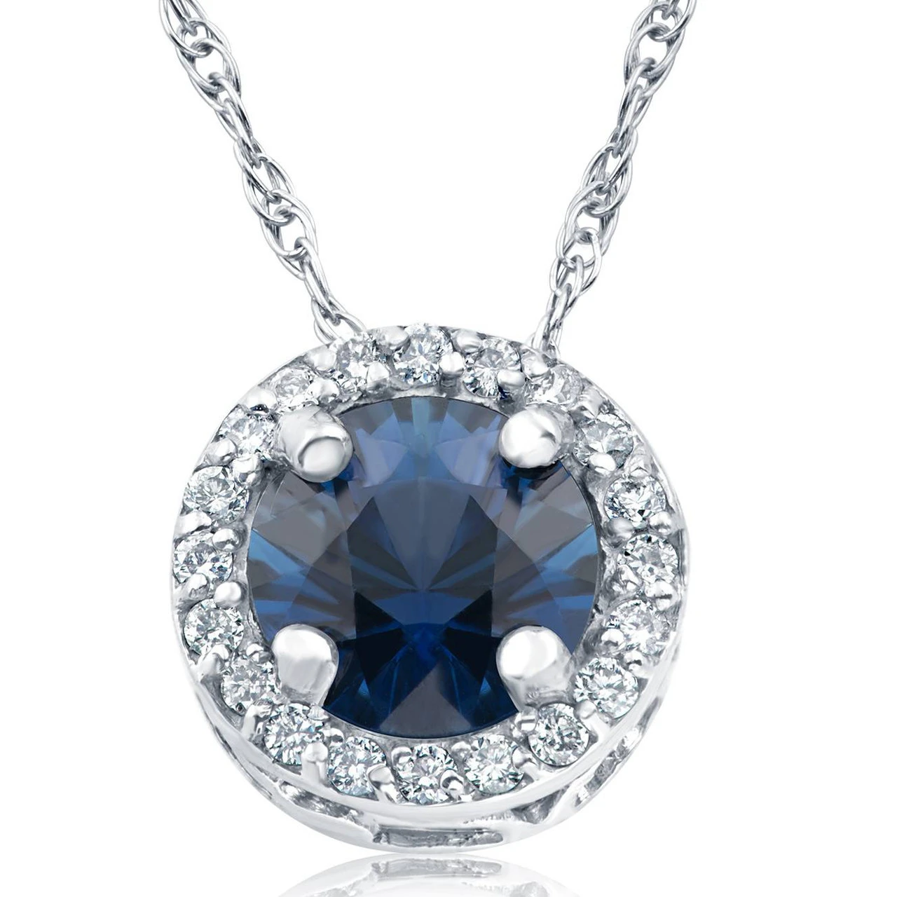 1/2ct Blue Sapphire & Diamond Halo Pendant White Gold & 18" Necklace Lab Grown (F-G, VS)