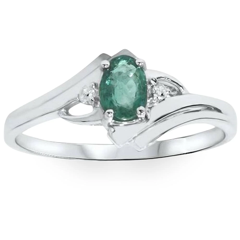 1/2ct Genuine Oval Emerald & Diamond Ring 14K White Gold (H-I, I2-I3)
