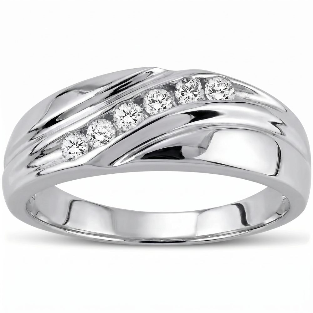 Mens 14K White Gold 1/4ct Diamond Wedding Ring High Polished Smooth Band (G-H, I1)