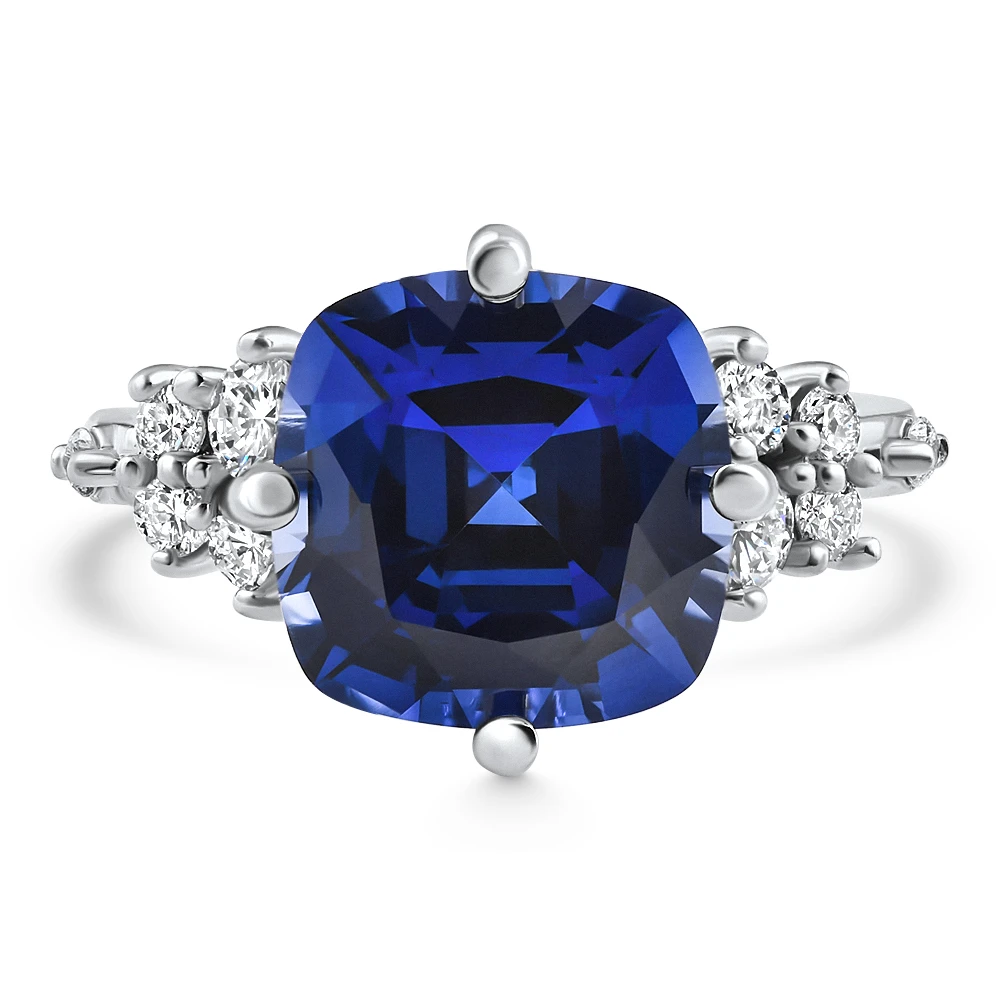 8Ct TW Cushion Blue Sapphire & Diamond Muse Ring 14k White Gold Lab Grown (E-F, VS)