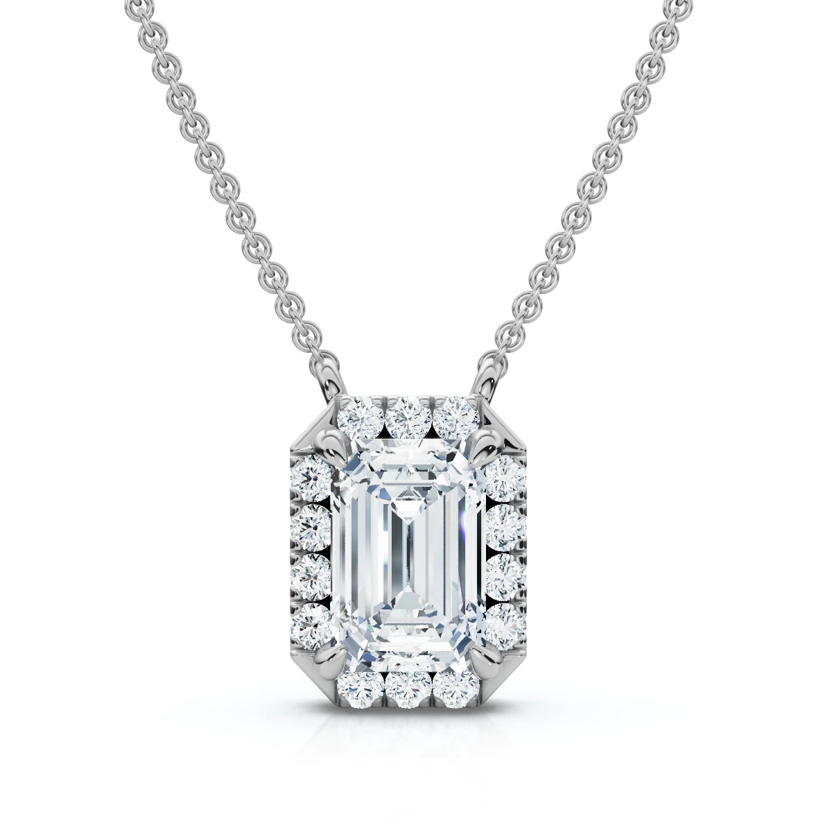 3/4Ct Emerald Cut Diamond Halo Pendant 14k Gold 18" Necklace Lab Grown EF/VS (E-F, VS)