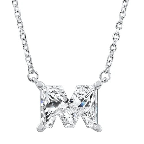 Diamond "M" Initial Pendant 18" Necklace 14K White Gold Lab Grown (G-H, VS)
