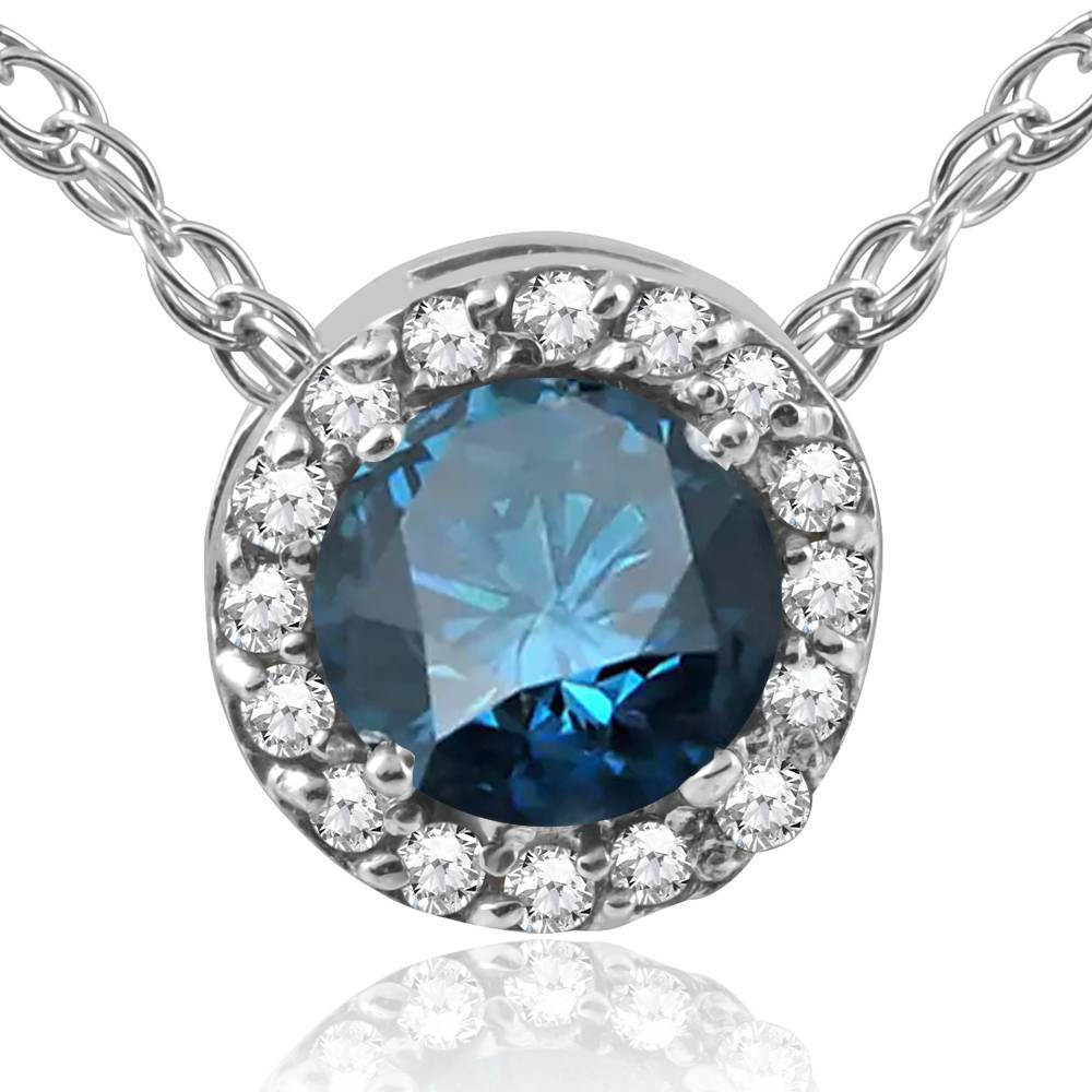 1/2ct Blue Diamond Pave Halo Pendant 14K White Gold Womens