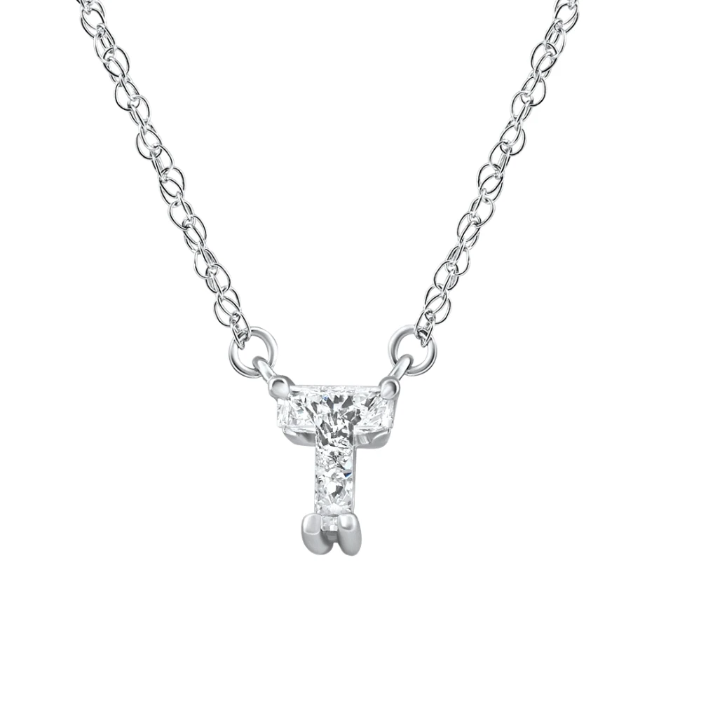 Diamond "T" Initial Pendant 18" Necklace 14K White Gold Lab Grown (G-H, VS)