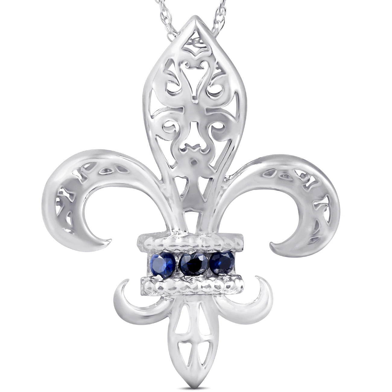 Blue Sapphire Vintage Fleur De Lis Pendant 10KT White Gold W/ 18" Chain 1" Tall