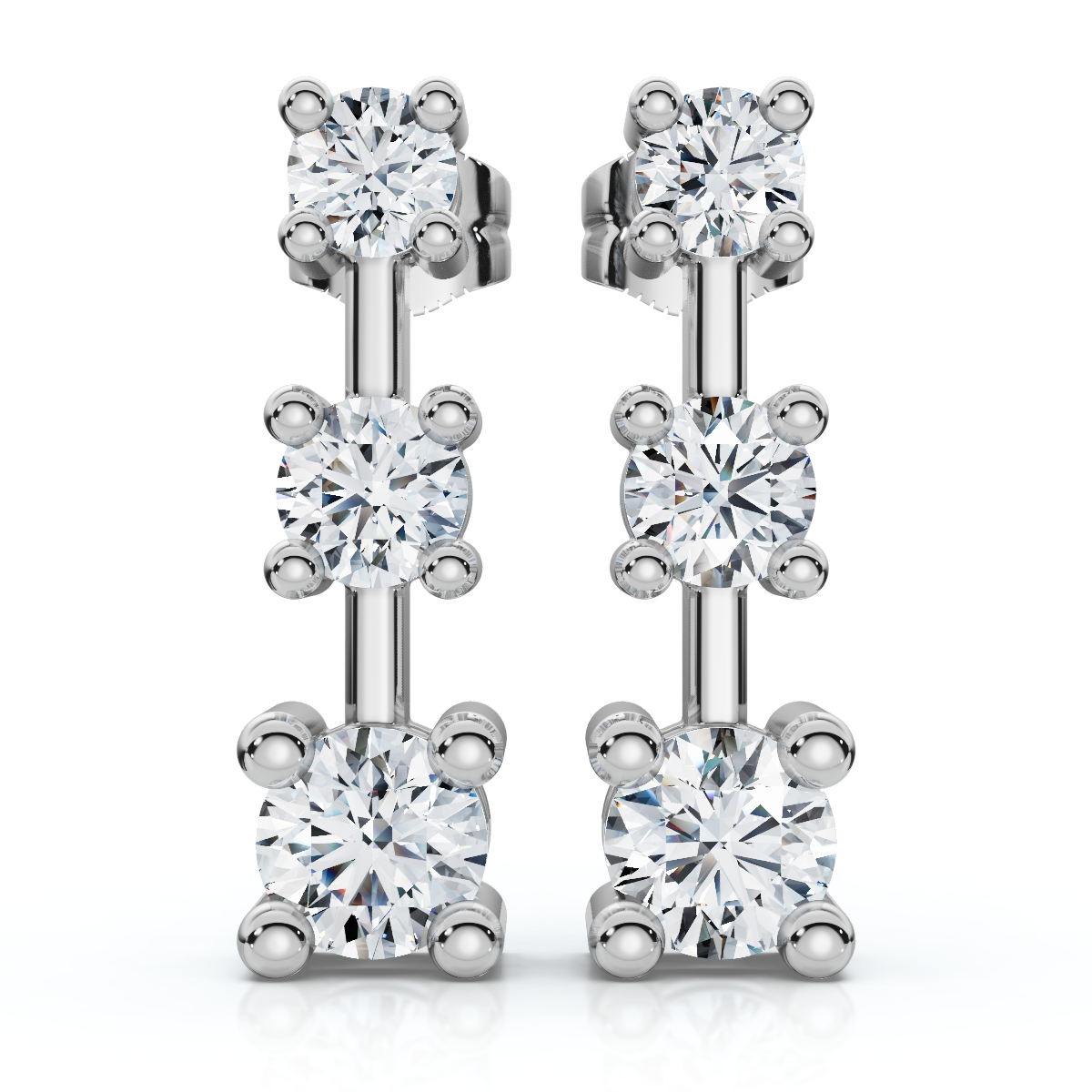 1Ct Three Stone Drop Earrings 10k Gold Lab Grown 5/8" Tall Push Back (E-F, VS)