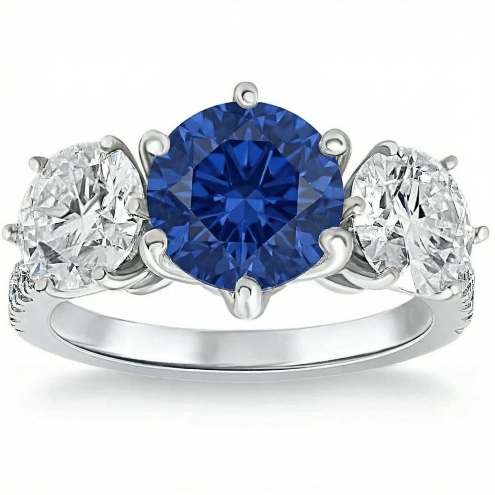 Certified 6 3/4Ct Blue Sapphire Diamond Ring Three Stone Gold Lab Grown (G-H, VS)