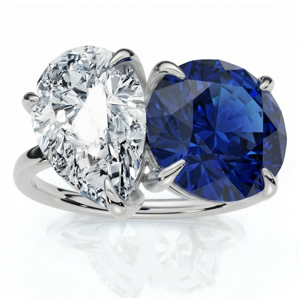 5 1/2Ct Certified Blue Sapphire & Diamond Toi Et Moi Diamond Ring Gold Lab Grown (G-H, VS)
