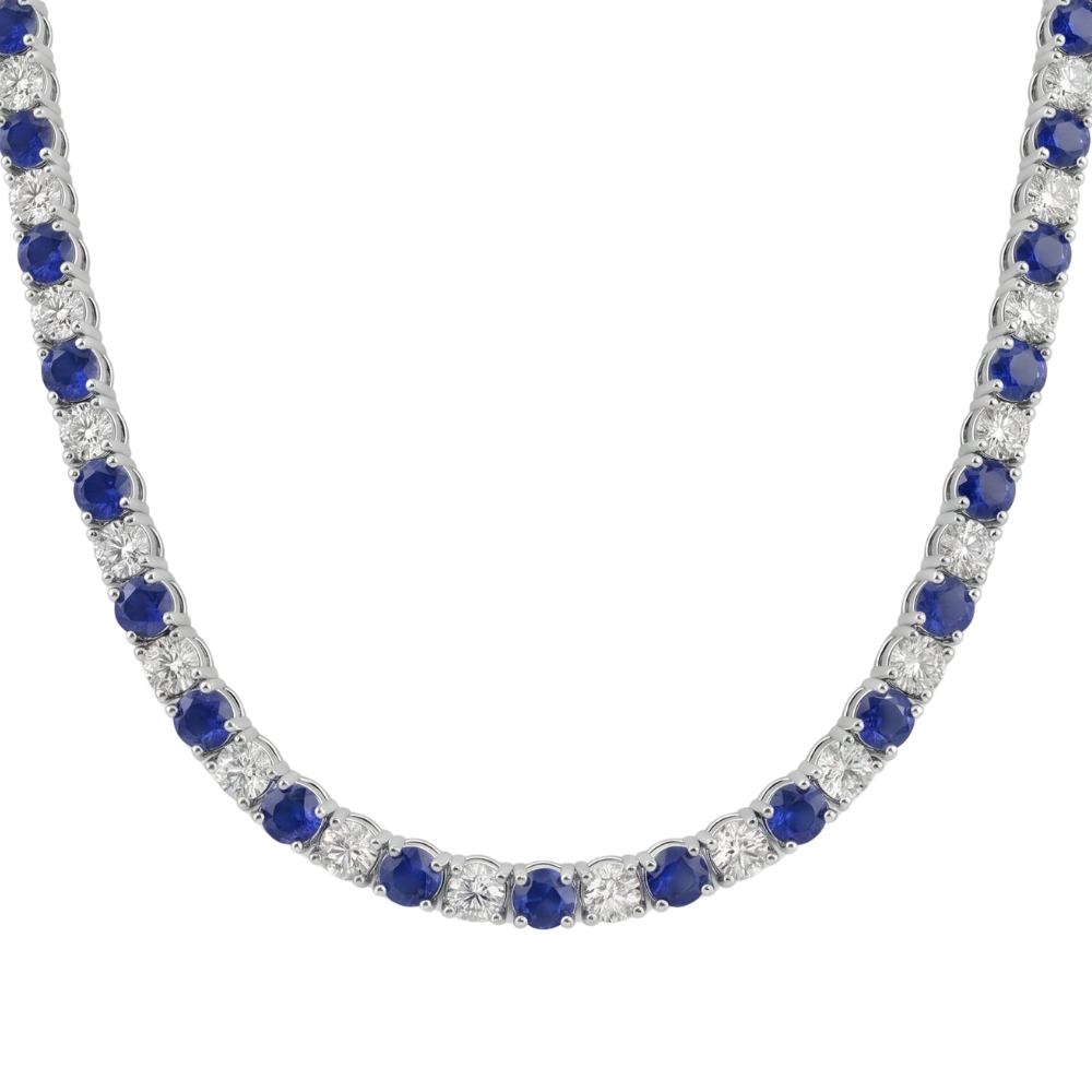 30Ct Blue Sapphire & Diamond Tennis Necklace 14k Gold 16.5" Lab Grown (E-F, VS)