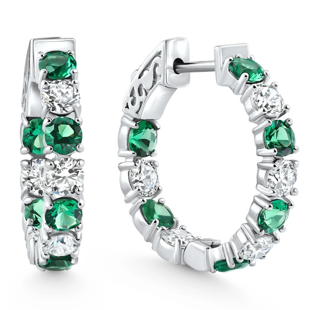 4 1/2Ct Emerald & Diamond Hoops White or Yellow Gold Lab Grown 1" Tall (E-F, VS)