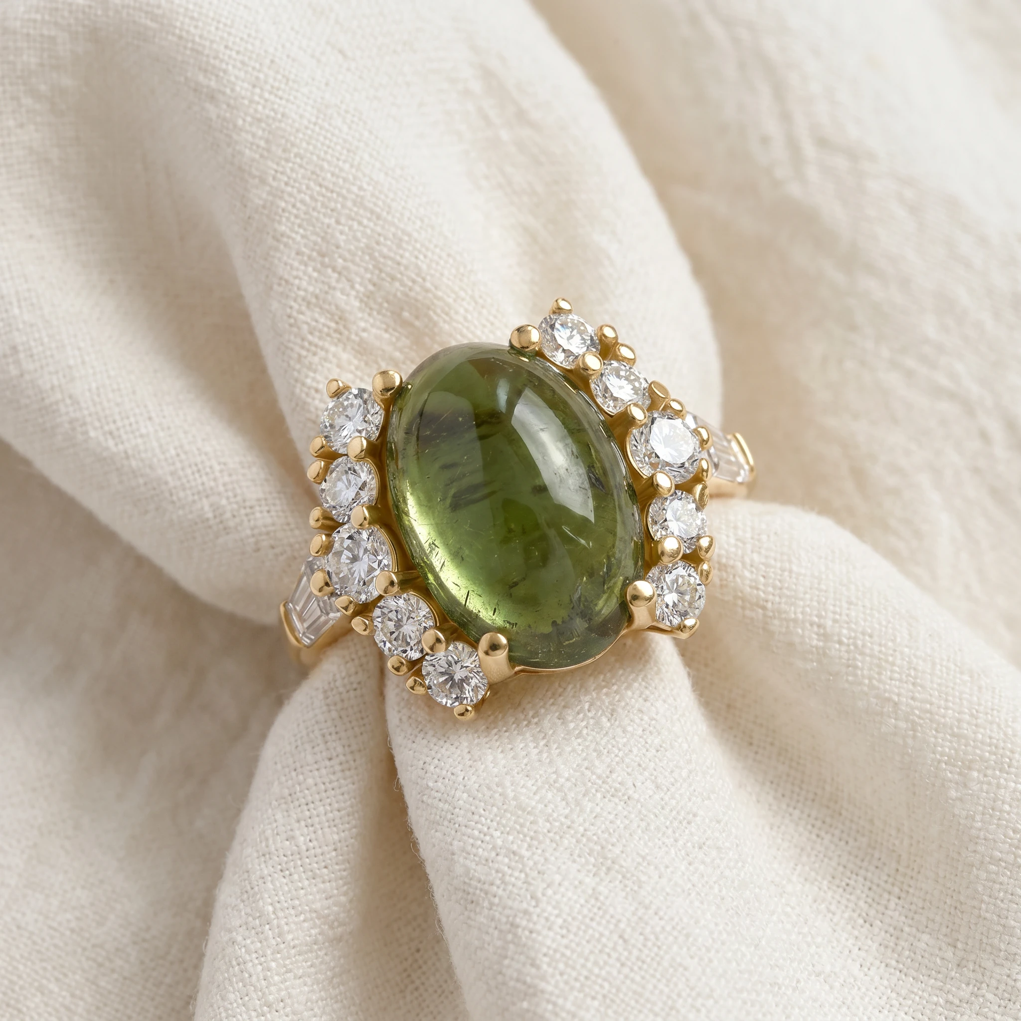 14.29Ct Green Tourmaline Heirloom Diamond Ring 14k Yellow Gold (E-F, VS)