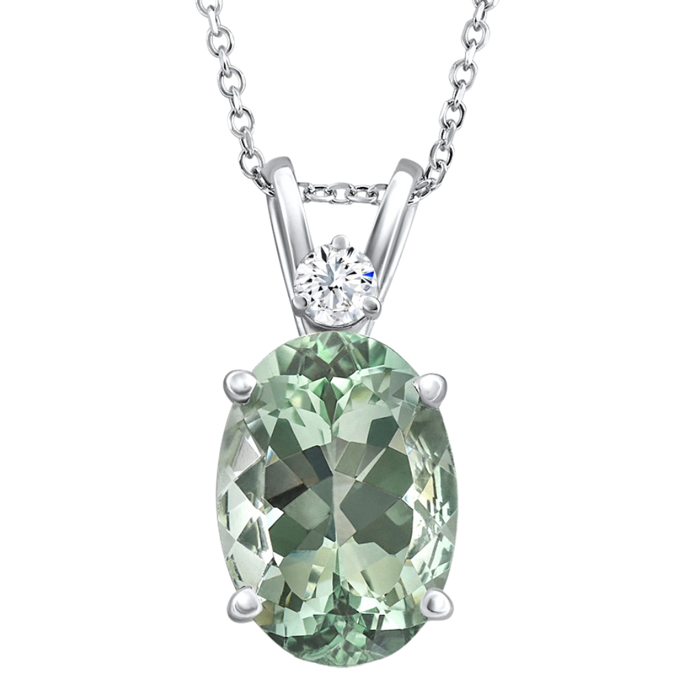 Oval Green Amethyst Diamond Pendant Women's Necklace 18" White Gold (G-H, I1)