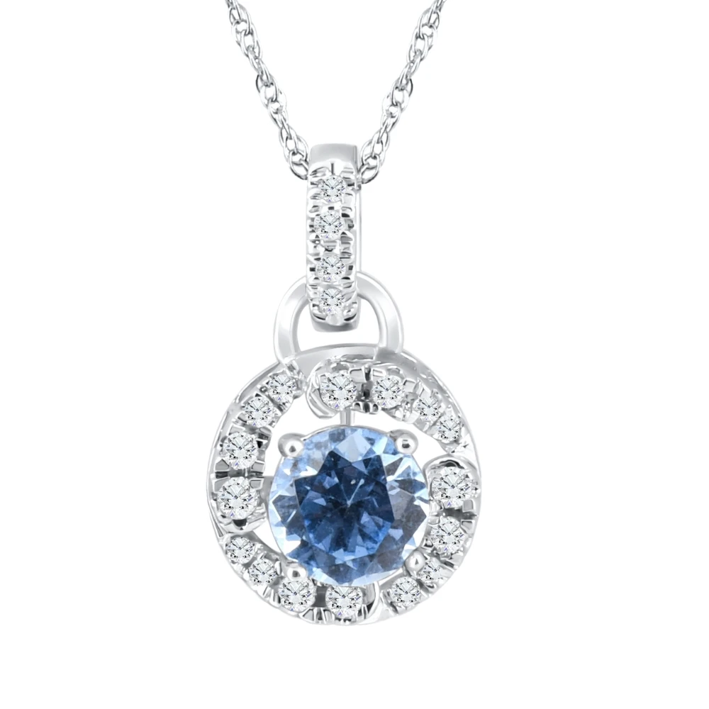 1 1/6Ct Aquamarine & Diamond Round Halo Pendant 10k White Gold Women's Necklace (G-H, I2-I3)
