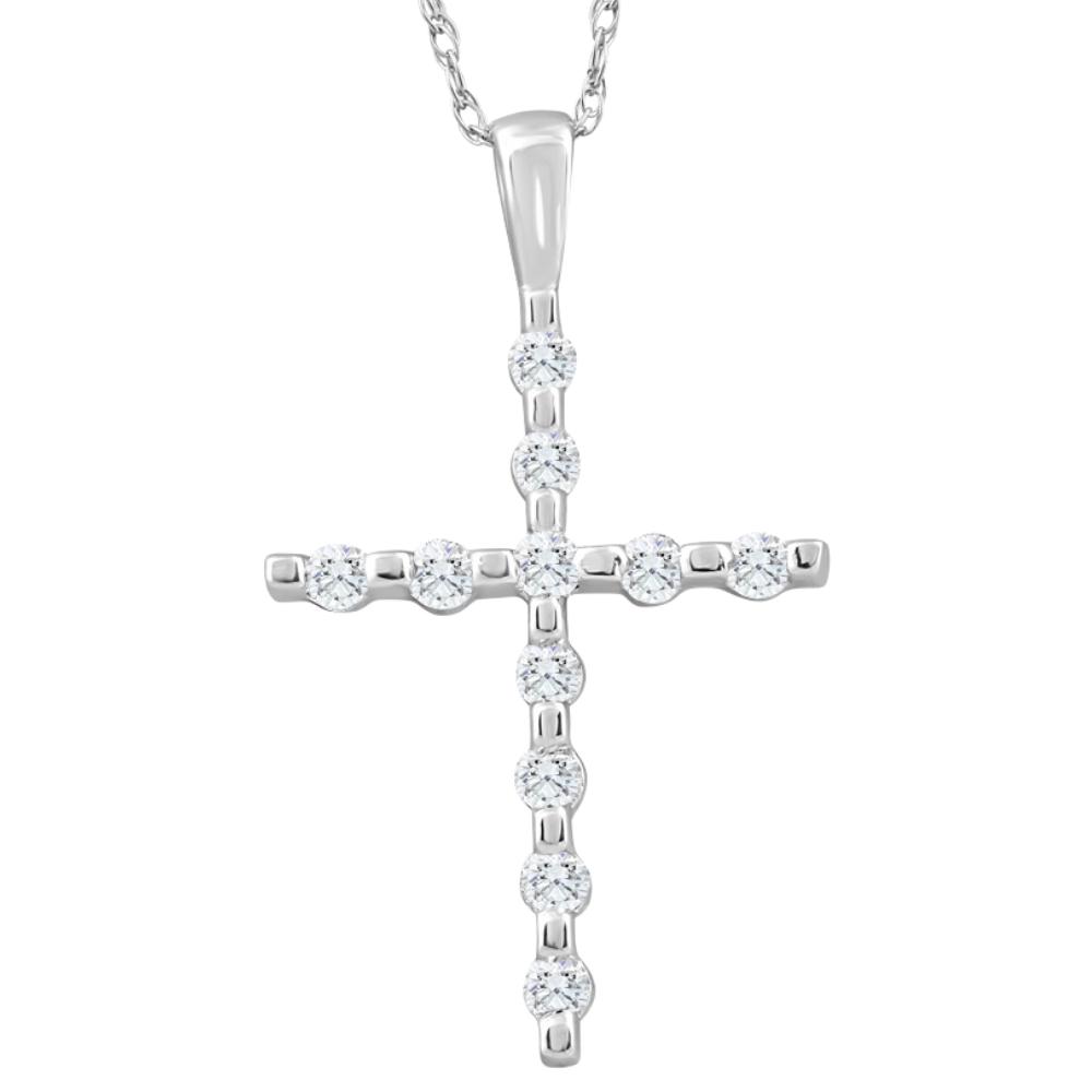 1/5Ct Diamond Cross Pendant 10k White Gold 18" 10k Gold Necklace (H-I, I2-I3)