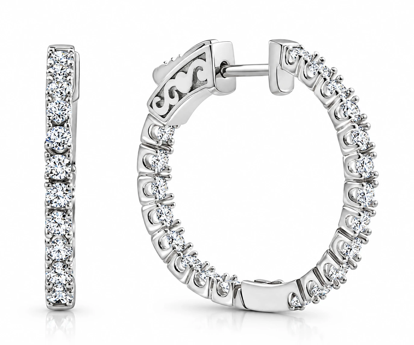 2Ct Lab Diamond Hoops Inside Outside 1 1/3" Silver Earrings (G-H, VS)