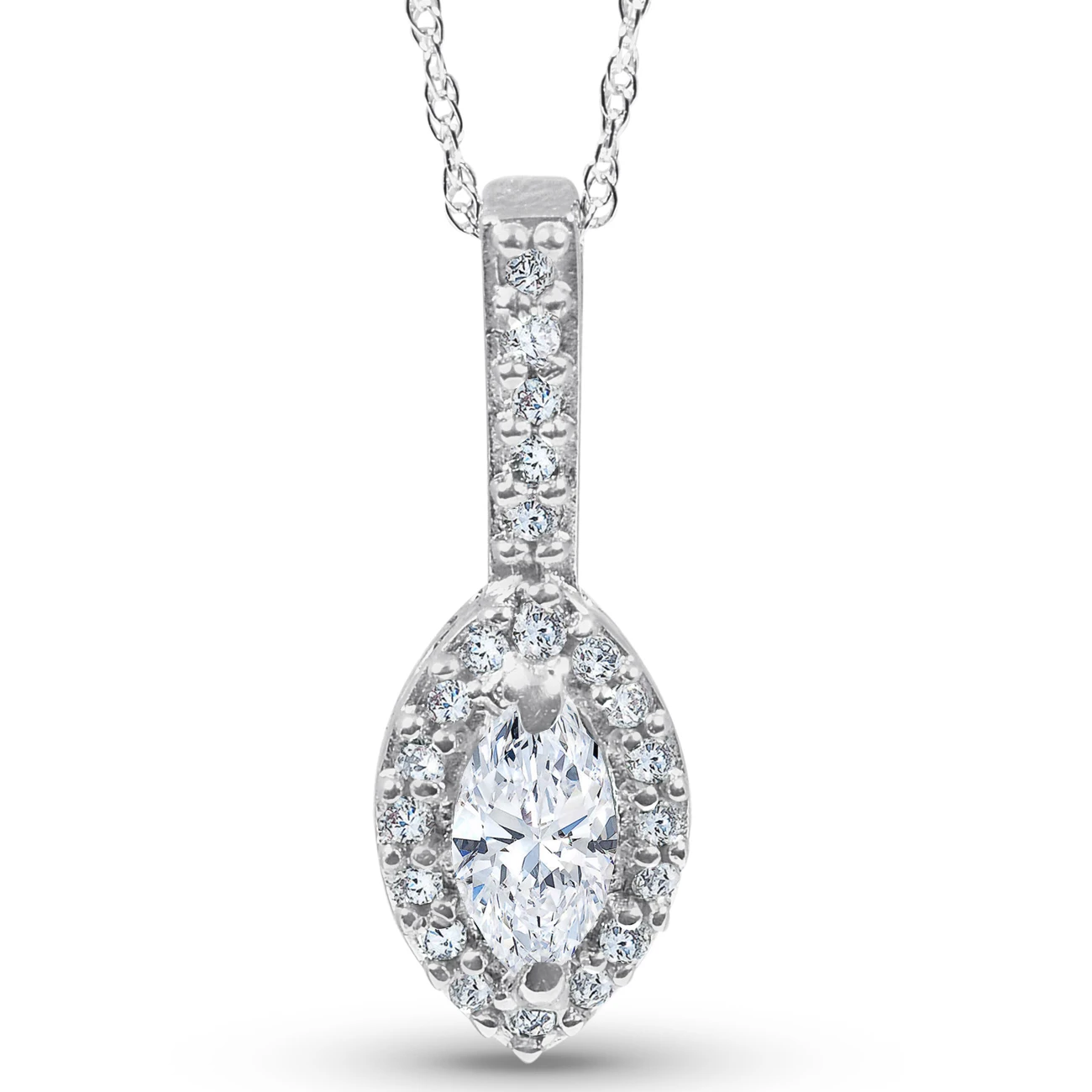 1/2CT Marquise Halo Pave Lab Grown Diamond Solitaire Pendant 14K White Gold (G-H, VS)