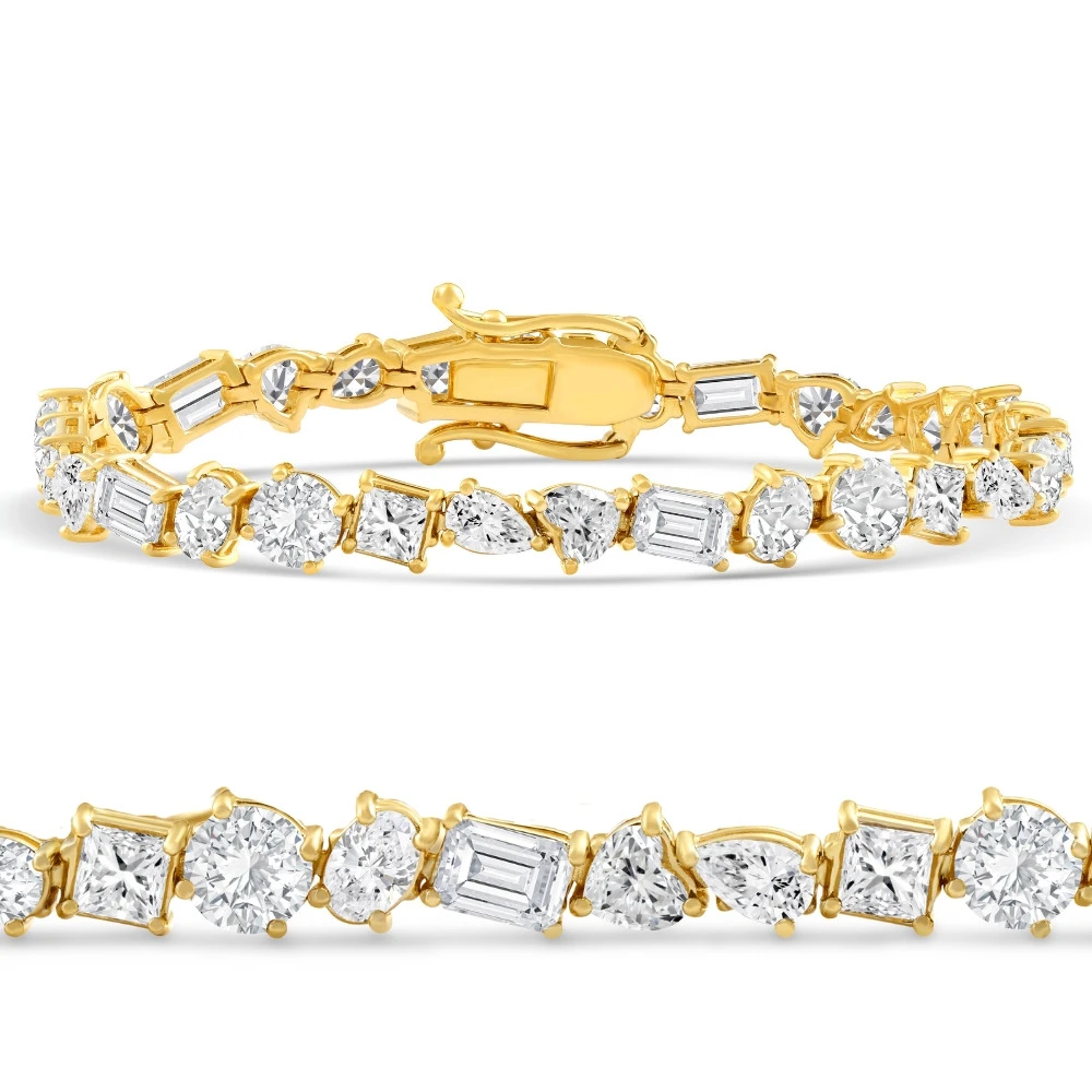 F/VS 15Ct Mixed Fancy Cut Diamond Tennis Bracelet 14k Gold Lab Grown 7" (F-G, VS)