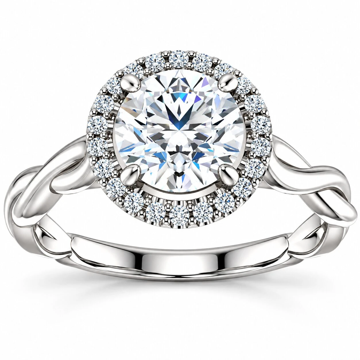 1ct Diamond Halo Vintage Solitaire Round Cut Intertwined Band 14k White Gold (H-I, I1)