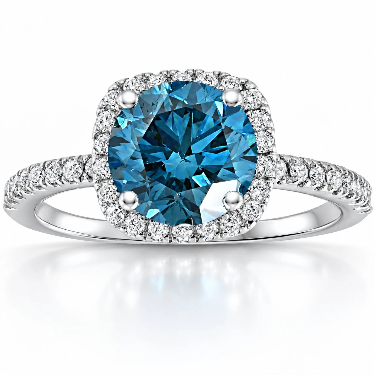 1 3/4 ct Blue Diamond Cushion Halo Engagement Ring 14k White Gold Lab Grown (G-H, VS)