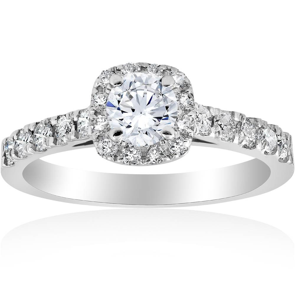 1/2 Carat Cushion Halo Diamond Engagement Ring - 14K White Gold Solitaire Setting
