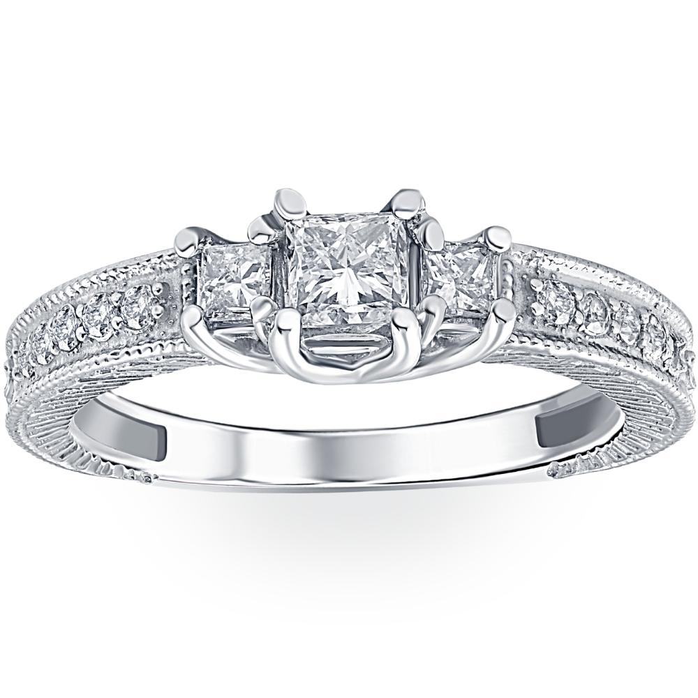 1/2ct Vintage Three Stone Princess Cut Diamond Engagement Ring 14K White Gold (H-I, SI)