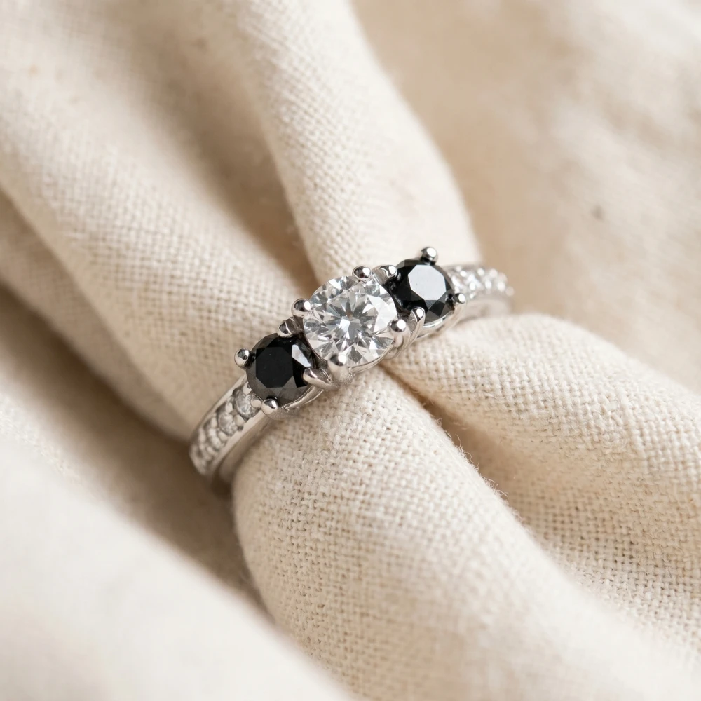 1ct Black & White Diamond 3 Stone Ring 14K White Gold (G-H, I1)