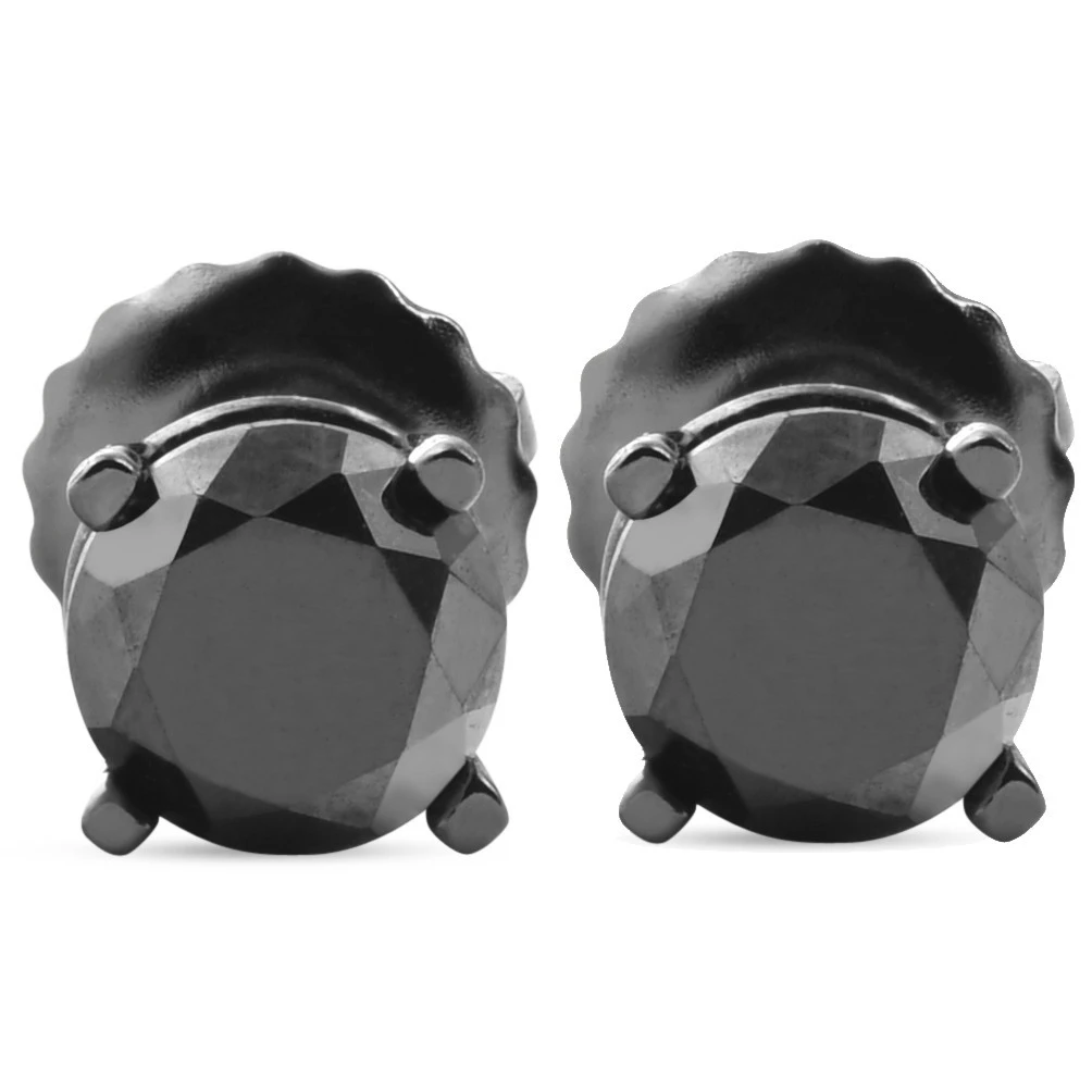 1 TCW 14k Black Gold Round Black Diamond Screw Back Studs Earrings (Black, I2-I3)