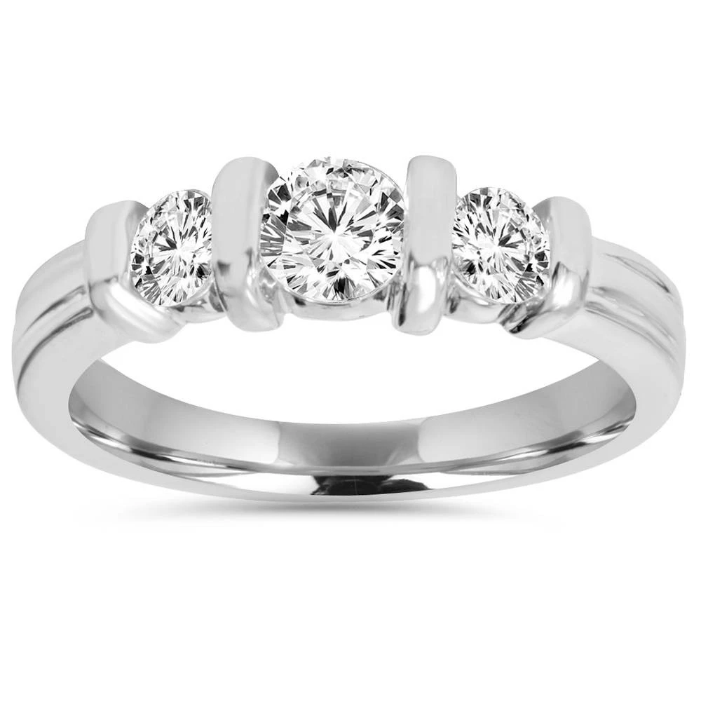1 Cttw 3-Stone Natural Diamond Engagement Ring Bar Set 10K White Gold Band (G-H, I1)