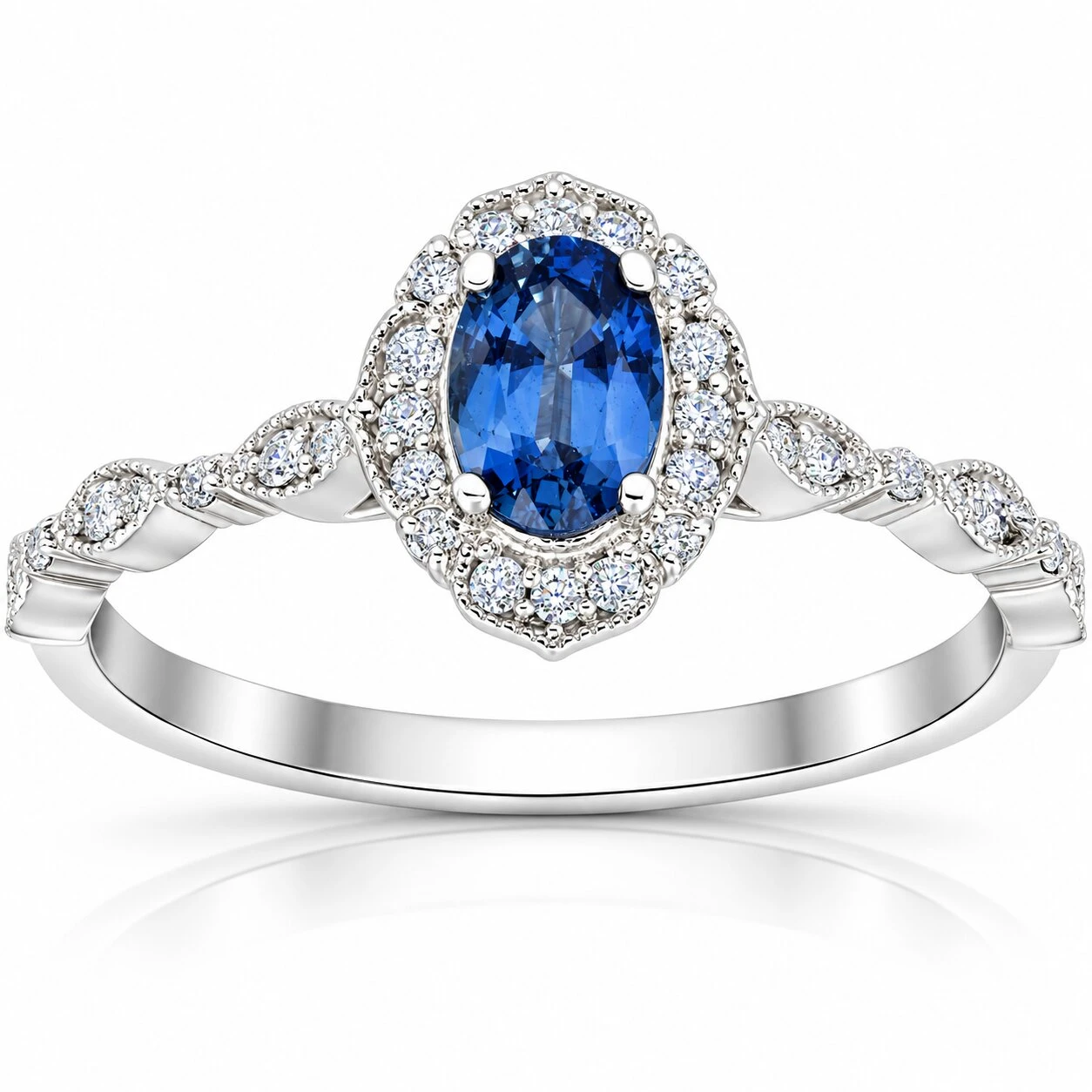 3/4ct Oval Blue Sapphire Diamond Halo Vintage Engagement Ring 14K White Gold (I-J, I2-I3)