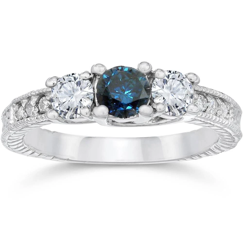 1ct Vintage Blue Diamond 3-Stone Engagement Ring 14K White Gold (G-H, I1)