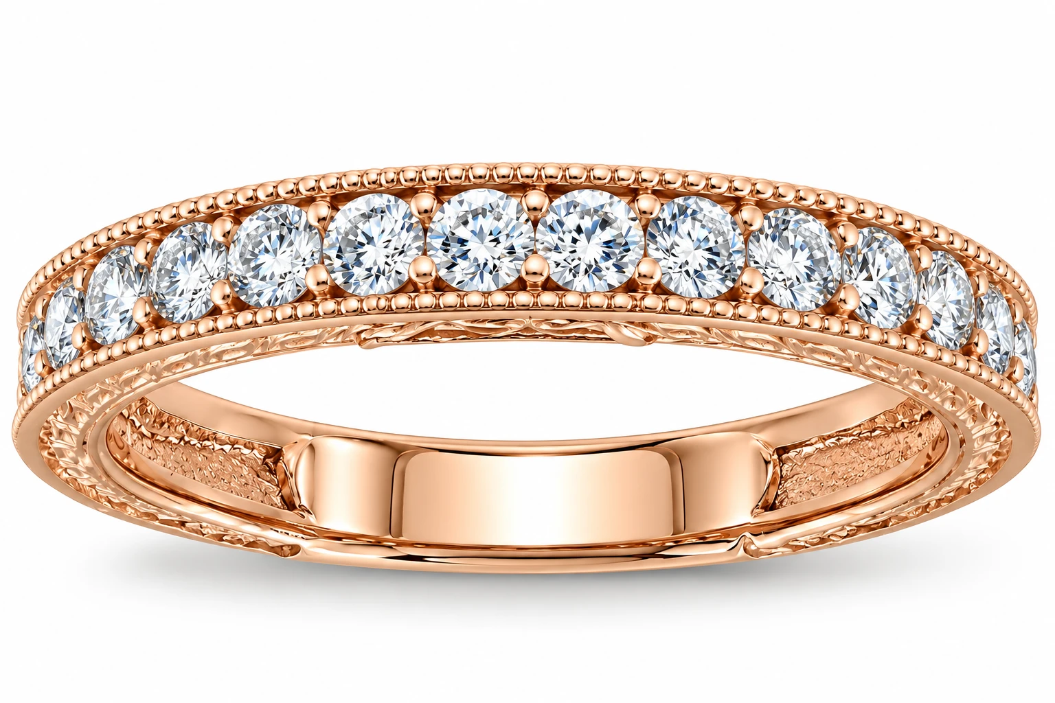 14k Rose Gold 1/3ct Diamond Vintage Wedding Ring Scroll Pattern Stackable Band (F-G, VS)