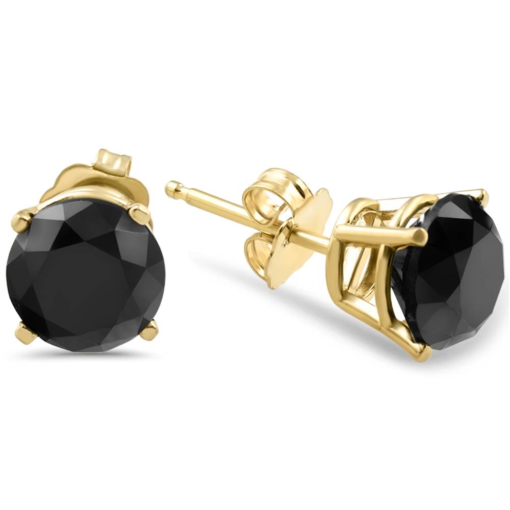 3 TCW 14k Yellow Gold Round Black Diamond Stud Earrings (Black, I2-I3)