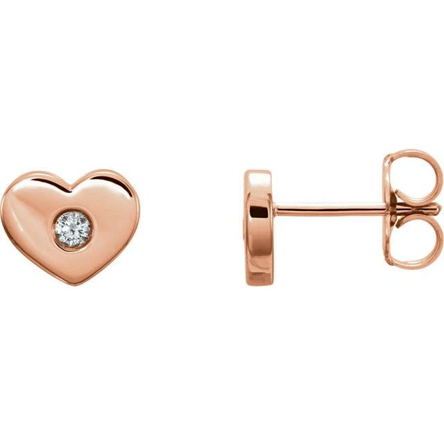 14K Rose Gold Diamond Solitaire Heart Studs High Polished 7mm (I-J, I2-I3)