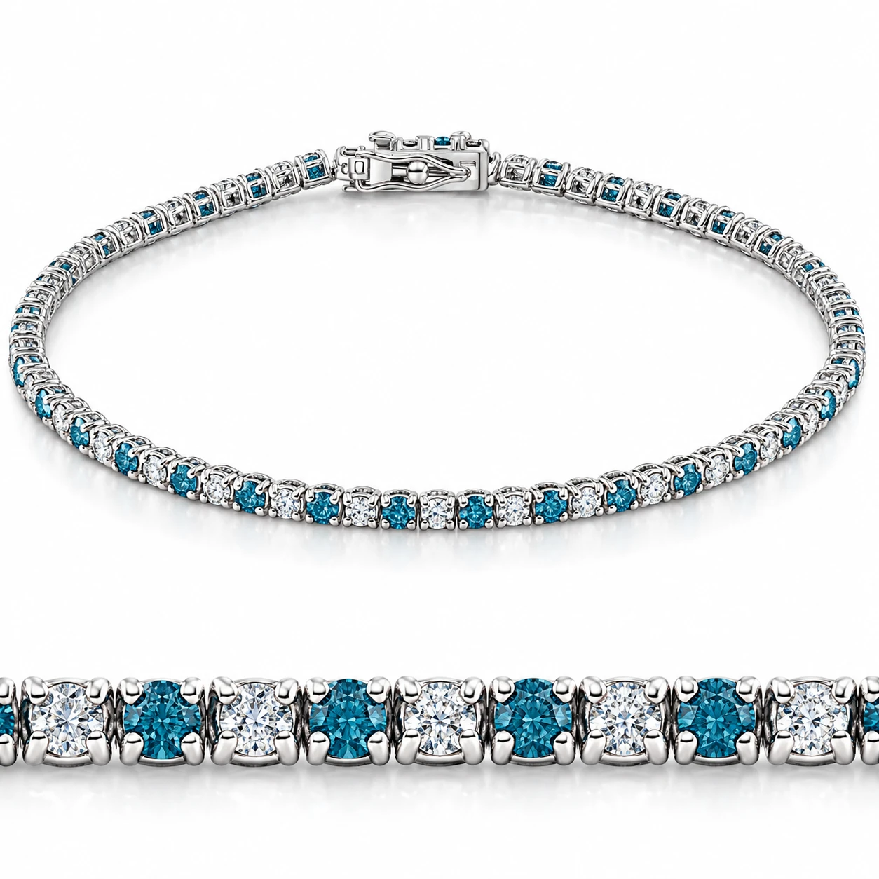 3ct Blue & White Diamond Tennis Bracelet 14K White Gold 7" (G-H, I2-I3)