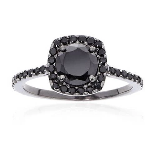 1 1/2ct TW Black Round Diamond Cushion Halo Engagement Ring 14K Black Gold
