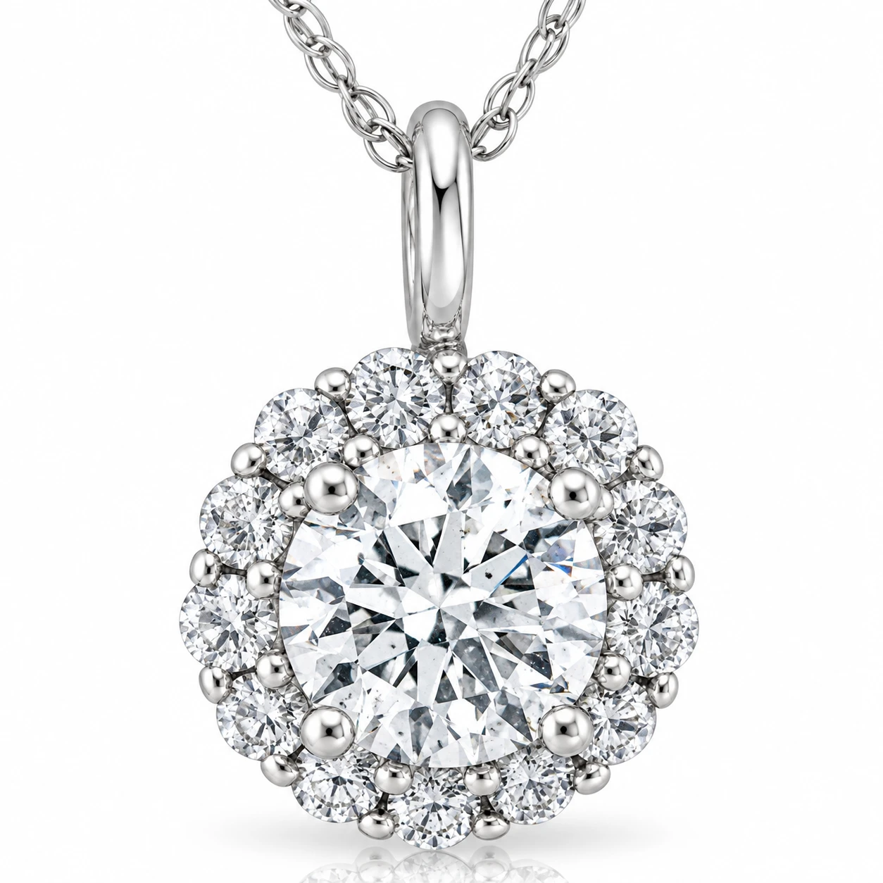 1 Ct Halo Diamond Pendant Necklace 18" 14k White Gold (G-H, I1)